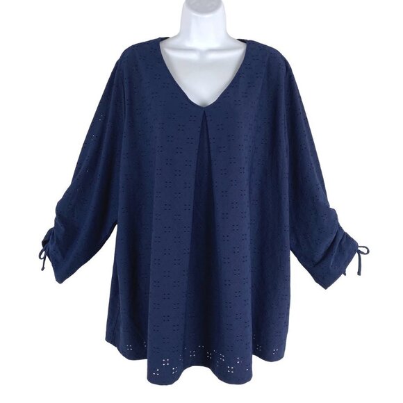 Catherines Top‎ 2X Eyelet Blue Ruched 3/4 Sleeve Polyester Spandex CJ-1274 - Picture 1 of 9